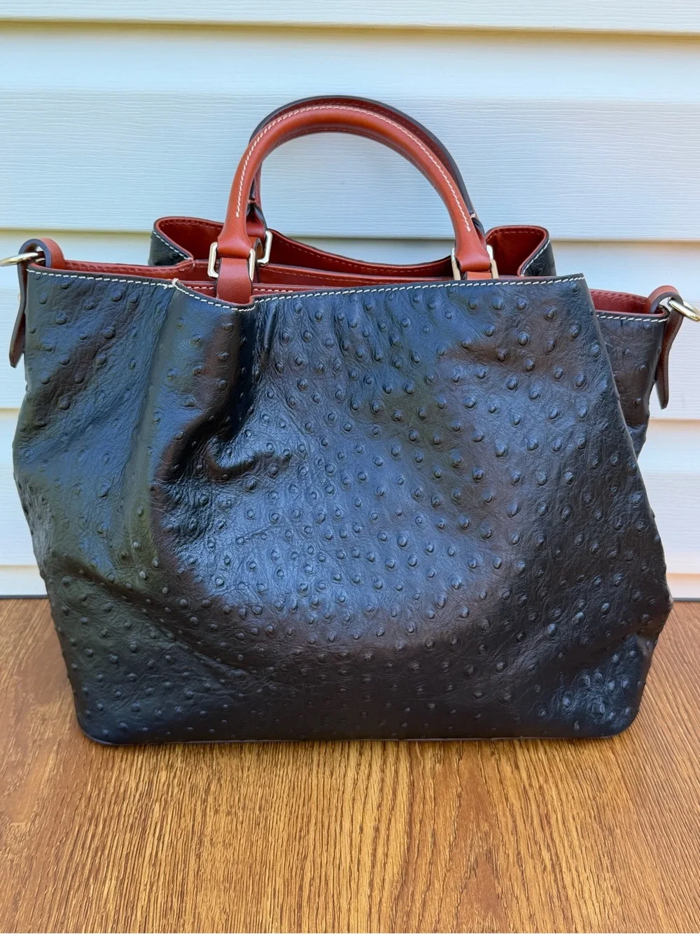 Dooney & Bourke Ostrich Embossed Leather Satchel Tote Black Brown M/L Bag